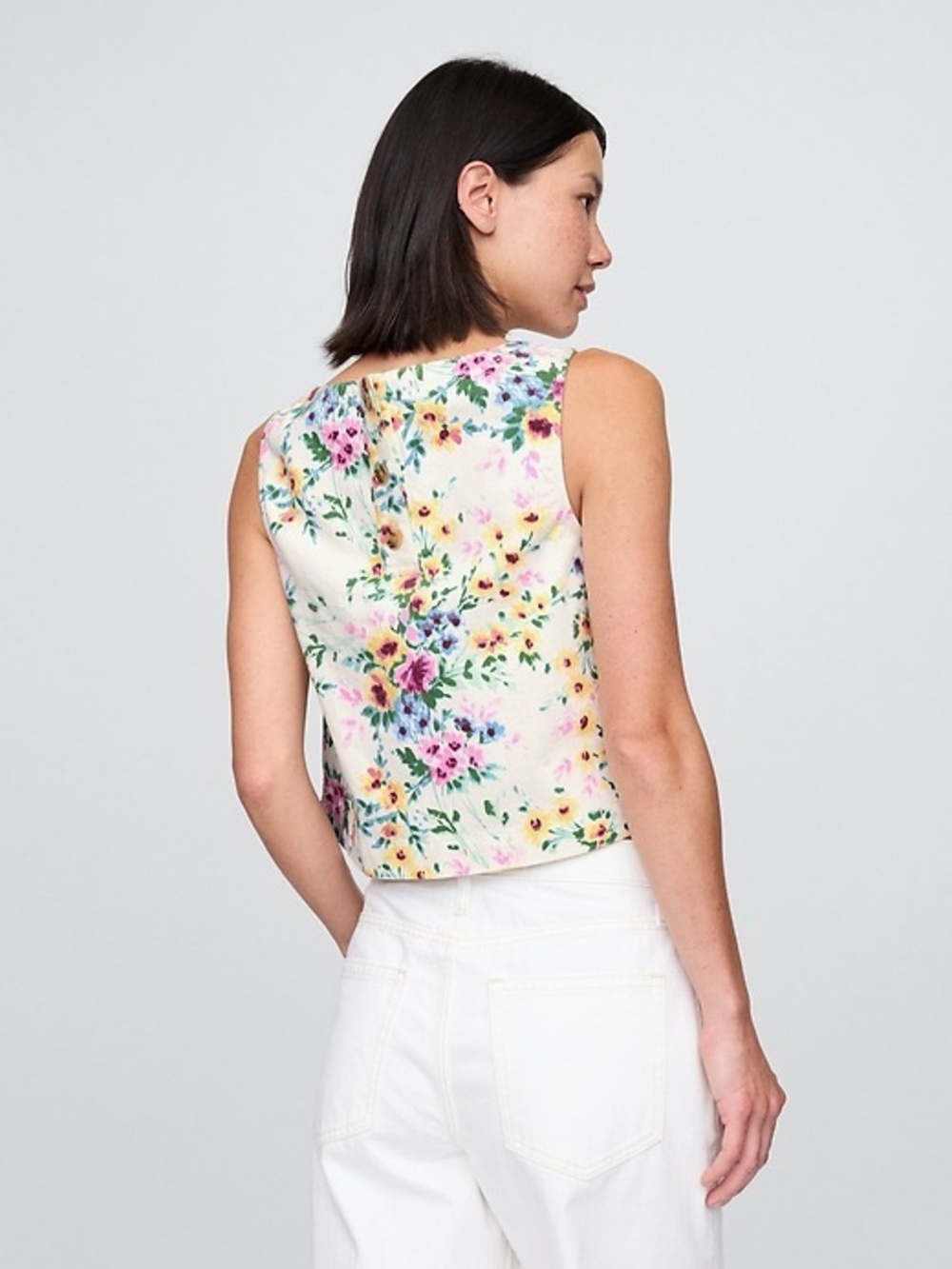GAP NWT❗️Denim White with Pink & Yellow Blooms Tank Top - Picture 7 of 8